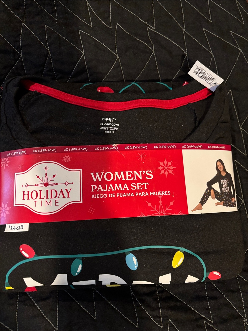 NWT Holiday Time Women's Black Pajama Set with Multicolor Lights - 2X